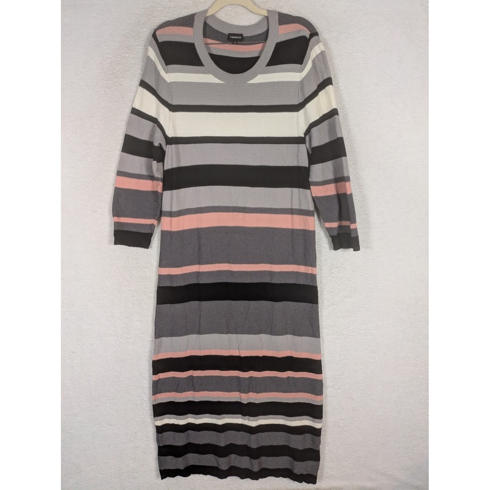 Torrid Sweater Dress Women's 1 Grey Black Pink Striped Ribbed Knit Midi Dress